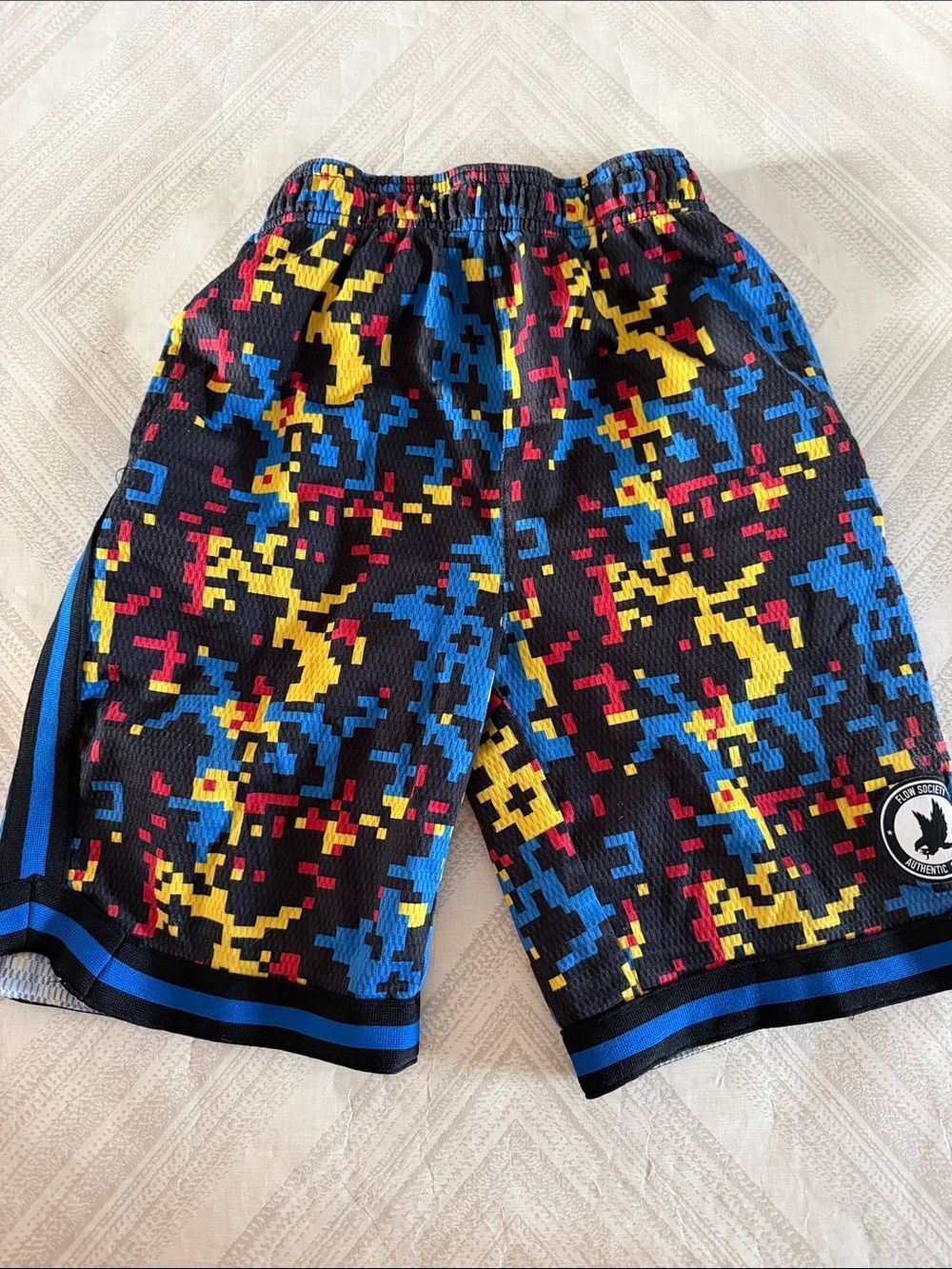 Flow Society Boys Medium Athletic Shorts Pixel Print Yellow Black Red Blue